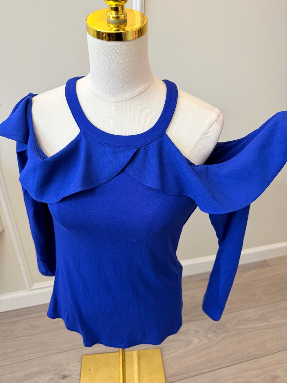 INC International Concepts Cobalt Blue Cold-Shoulder Ruffle Knit Top - Picture 2 of 6